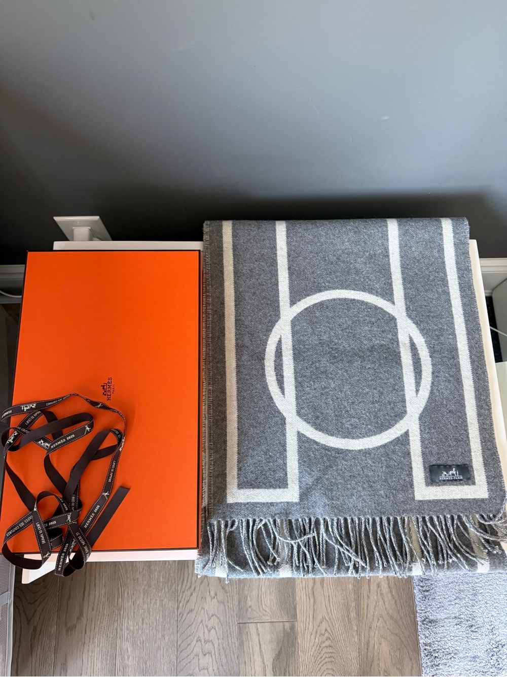 Hermes Gray and White Cashmere Scarf